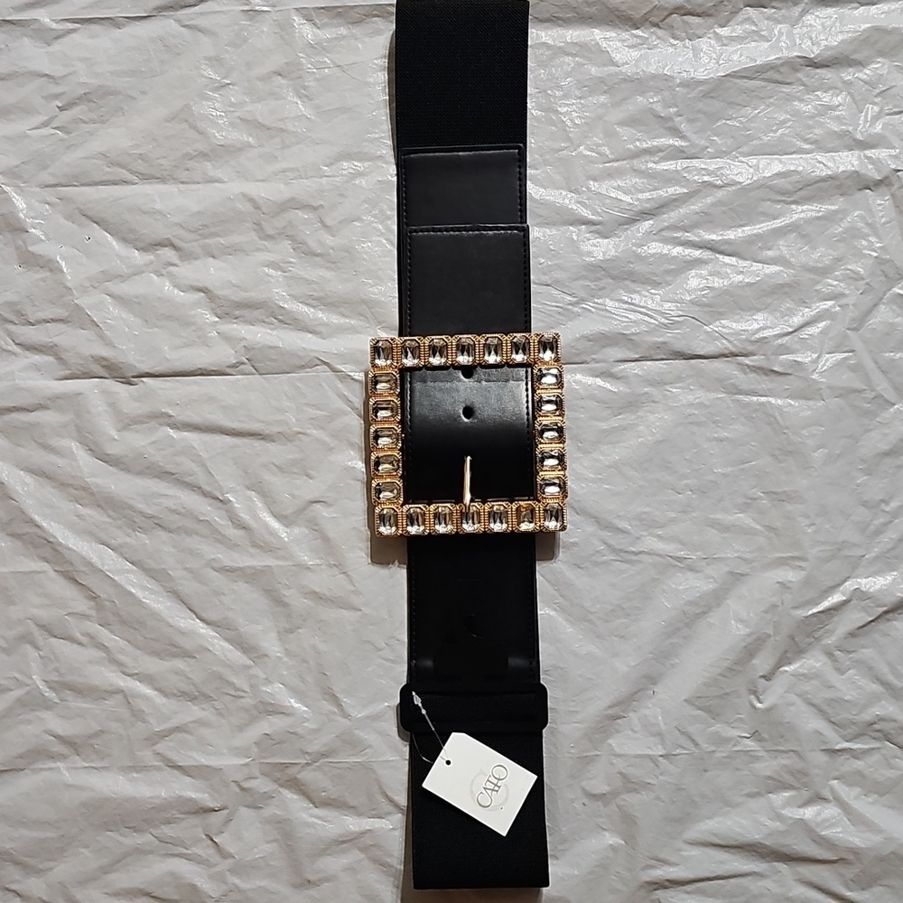 CATO Women's 2X Black Stretchy Belt with Clear Embellishments New